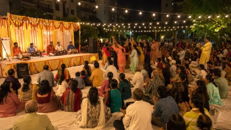 Singers and musicians at a bhajan sandhya