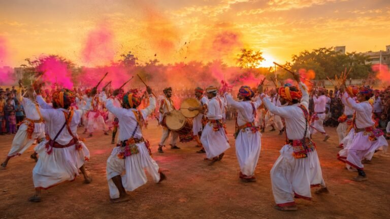 Men dancing Gair in white with colour in the air at a Holi gathering